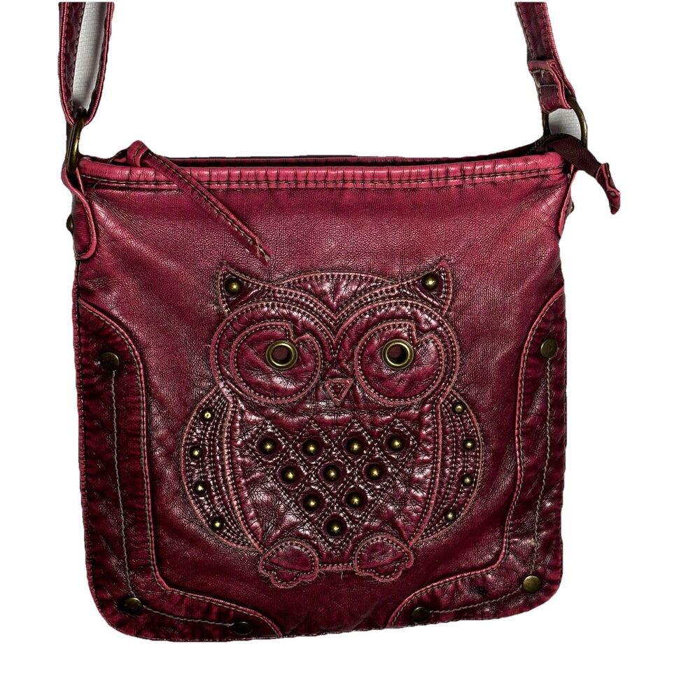 Vintage Red PU Leather Owl Crossbody Bag Studded Boho Festival Purse